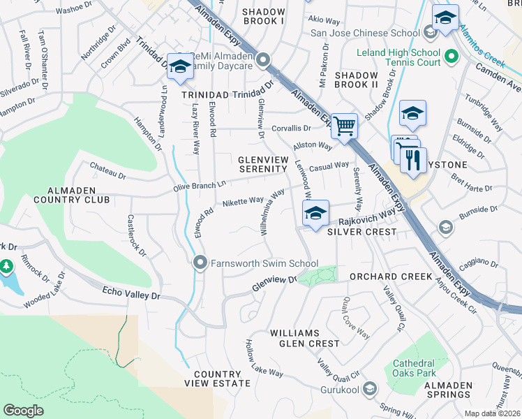 map of restaurants, bars, coffee shops, grocery stores, and more near 1171 Wilhelmina Way in San Jose