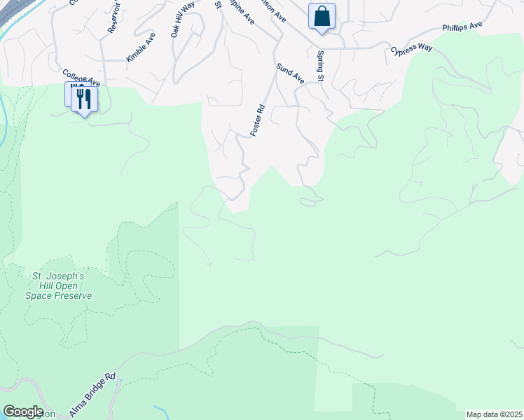 map of restaurants, bars, coffee shops, grocery stores, and more near 18500 Foster Road in Los Gatos