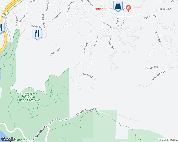 map of restaurants, bars, coffee shops, grocery stores, and more near 17915 Foster Road in Los Gatos