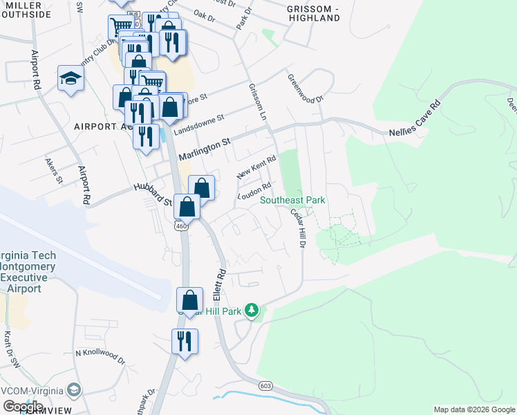 map of restaurants, bars, coffee shops, grocery stores, and more near 319 Fairfax Road in Blacksburg