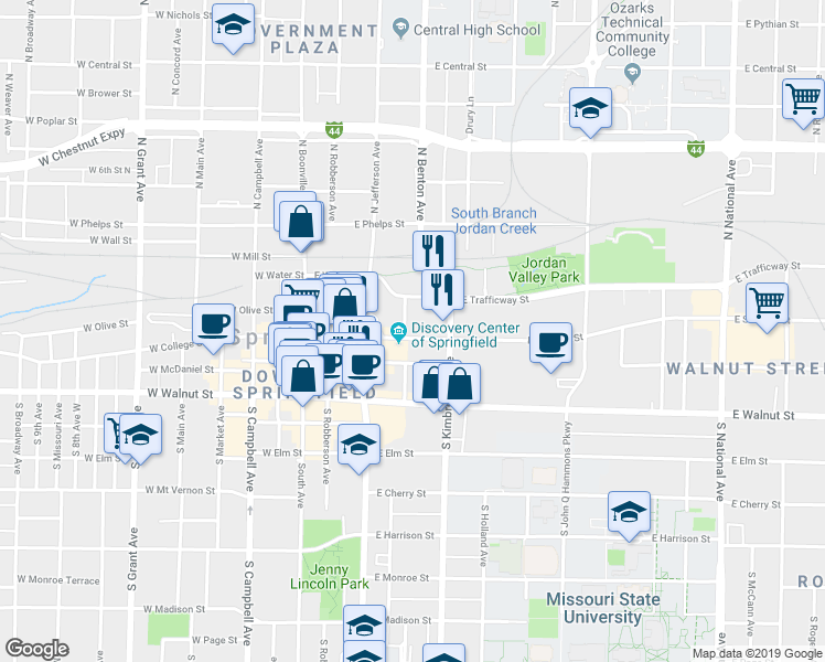 map of restaurants, bars, coffee shops, grocery stores, and more near 503 East Saint Louis Street in Springfield