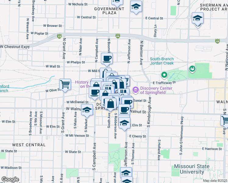 map of restaurants, bars, coffee shops, grocery stores, and more near 205 Park Central East in Springfield