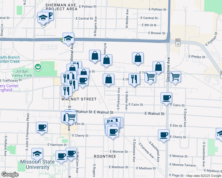 map of restaurants, bars, coffee shops, grocery stores, and more near 1424 East Saint Louis Street in Springfield