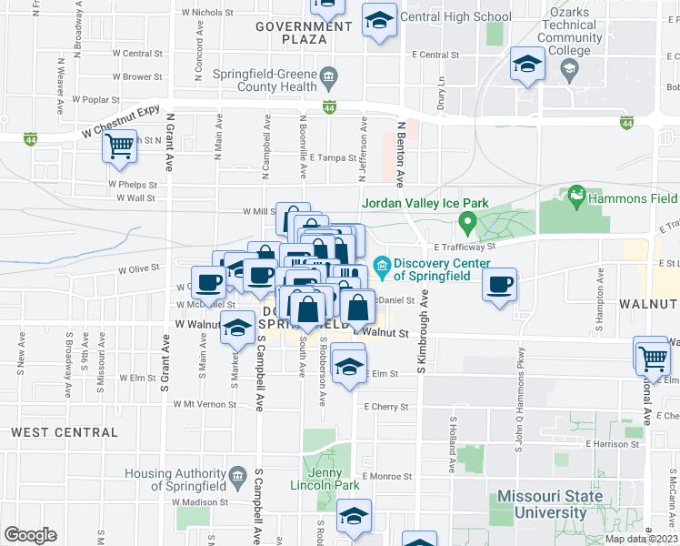 map of restaurants, bars, coffee shops, grocery stores, and more near 317 Park Central East in Springfield