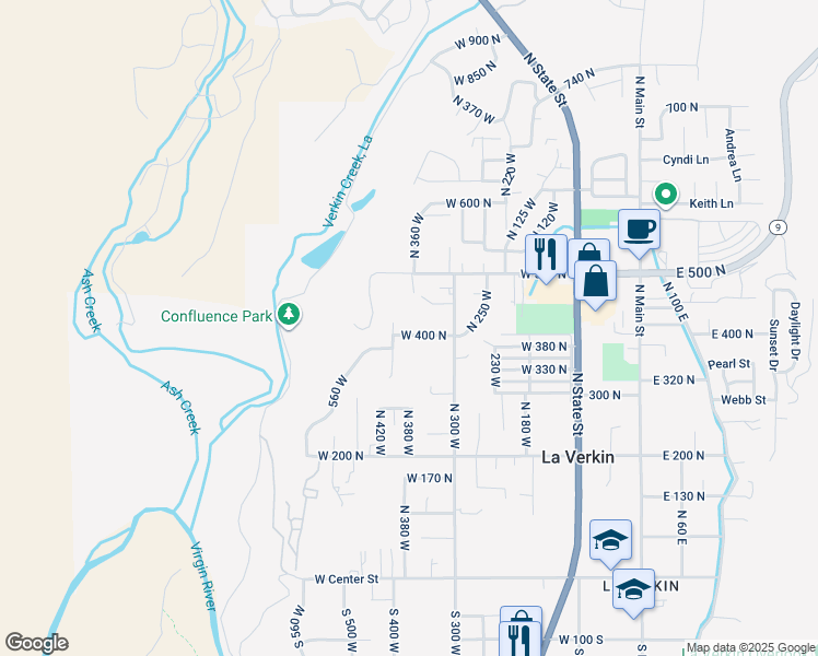map of restaurants, bars, coffee shops, grocery stores, and more near 380 West 400 North in La Verkin