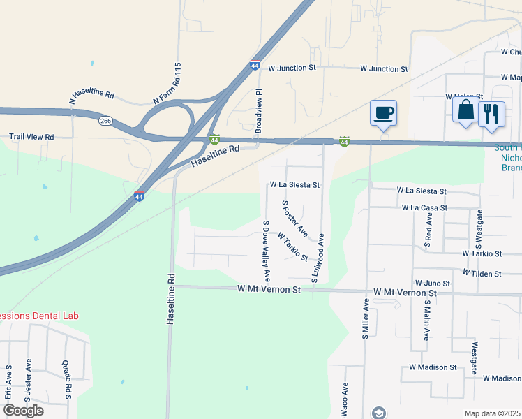 map of restaurants, bars, coffee shops, grocery stores, and more near 267 South Dove Valley Avenue in Springfield