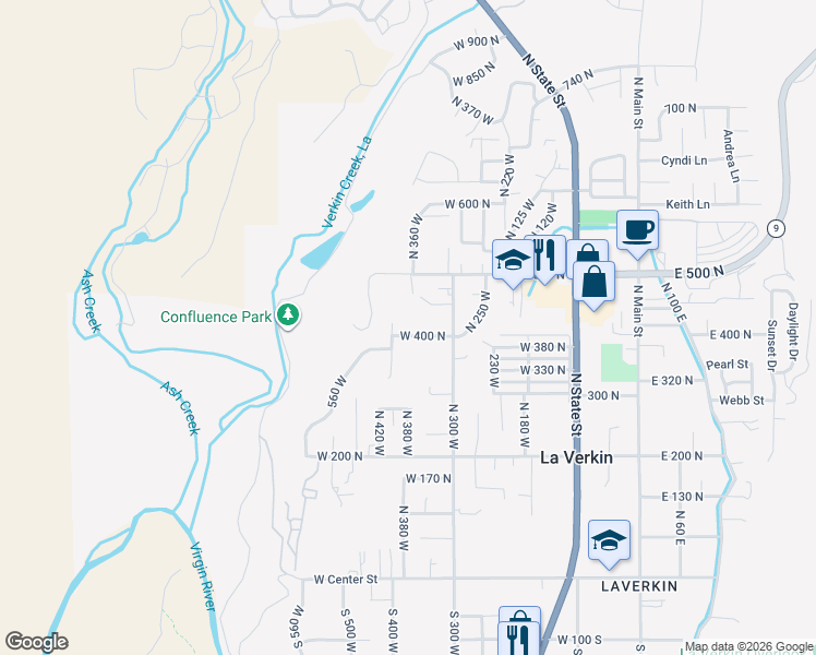 map of restaurants, bars, coffee shops, grocery stores, and more near 340 West 400 North in La Verkin