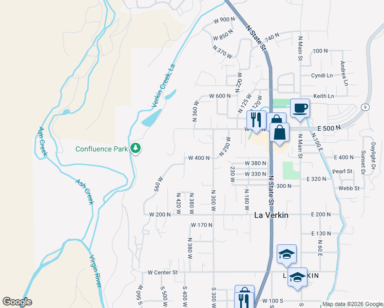 map of restaurants, bars, coffee shops, grocery stores, and more near 380 West 400 North in La Verkin