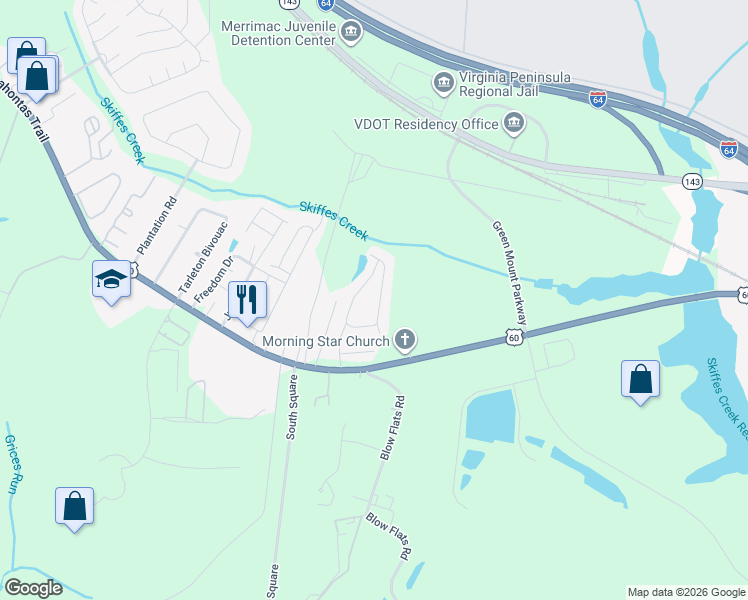 map of restaurants, bars, coffee shops, grocery stores, and more near 1653 Skiffes Creek Circle in Williamsburg