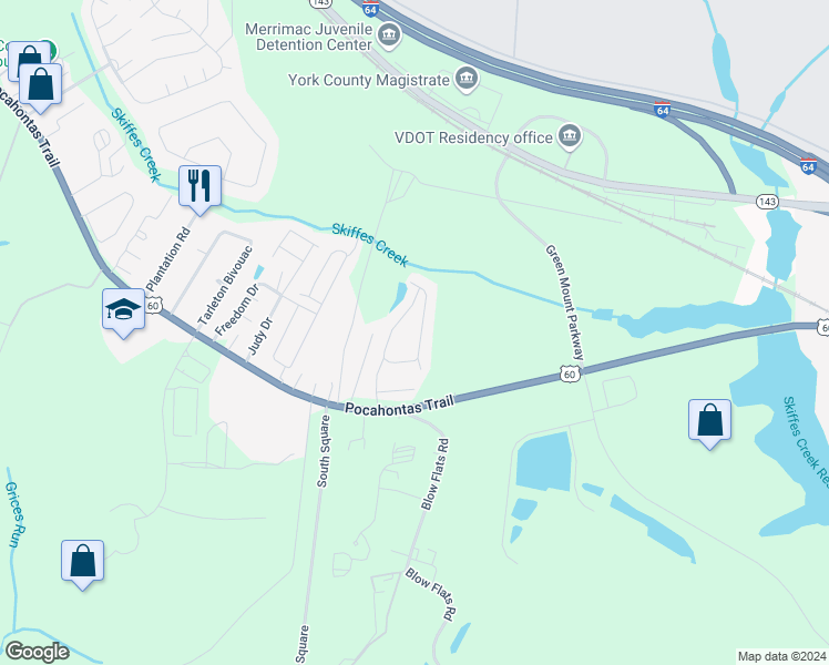 map of restaurants, bars, coffee shops, grocery stores, and more near 1653 Skiffes Creek Circle in Williamsburg