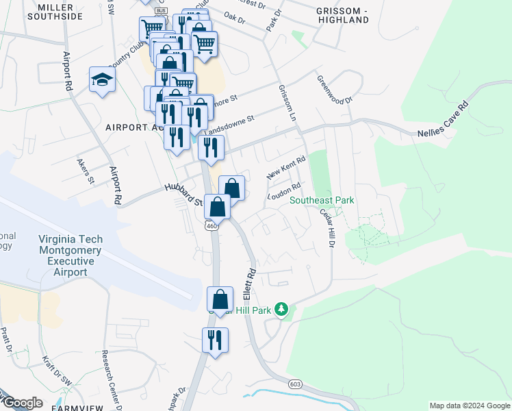 map of restaurants, bars, coffee shops, grocery stores, and more near 237 Fairfax Road in Blacksburg