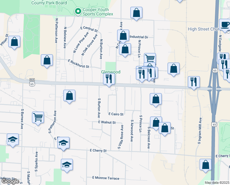 map of restaurants, bars, coffee shops, grocery stores, and more near 2757 East McDaniel Street in Springfield