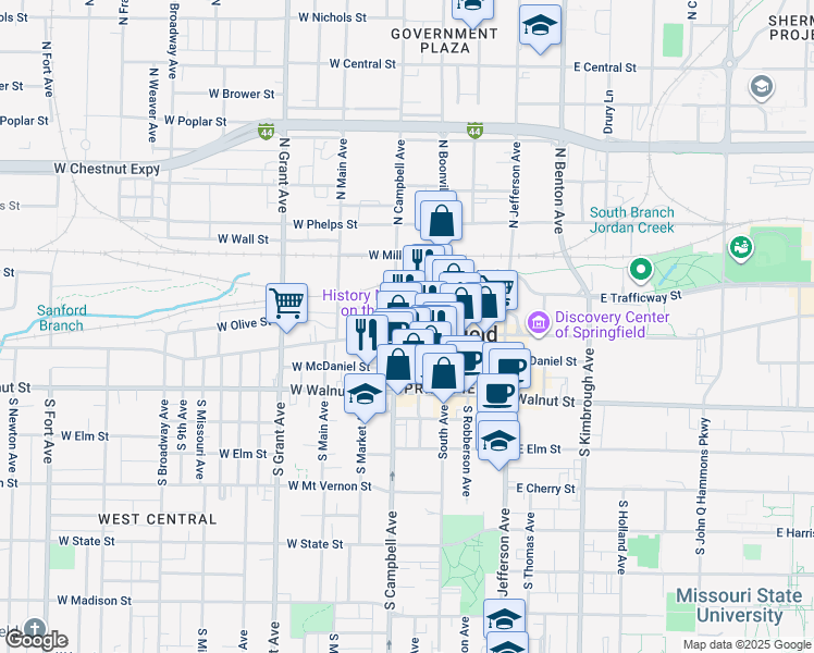map of restaurants, bars, coffee shops, grocery stores, and more near 320 Park Central West in Springfield