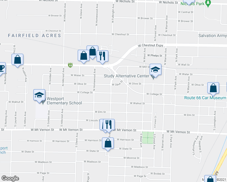 map of restaurants, bars, coffee shops, grocery stores, and more near 2643 West College Street in Springfield