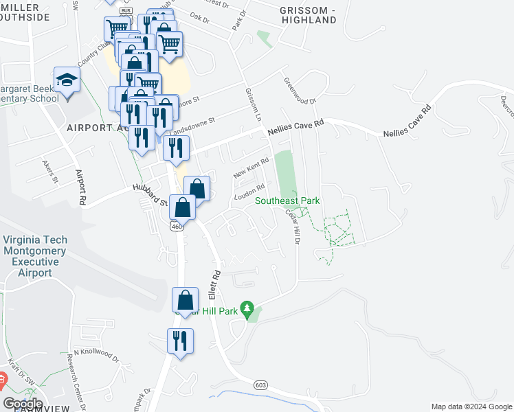 map of restaurants, bars, coffee shops, grocery stores, and more near 315 Fairfax Road in Blacksburg