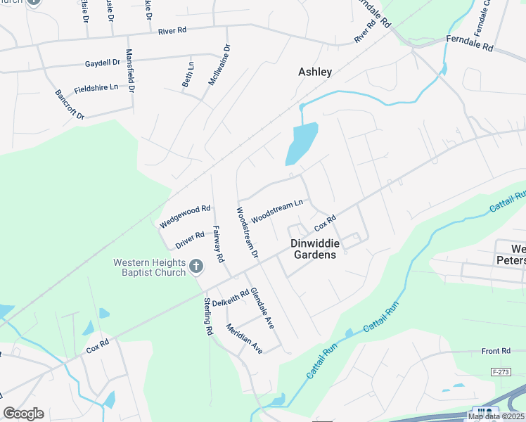 map of restaurants, bars, coffee shops, grocery stores, and more near 24614 Woodstream Lane in Petersburg