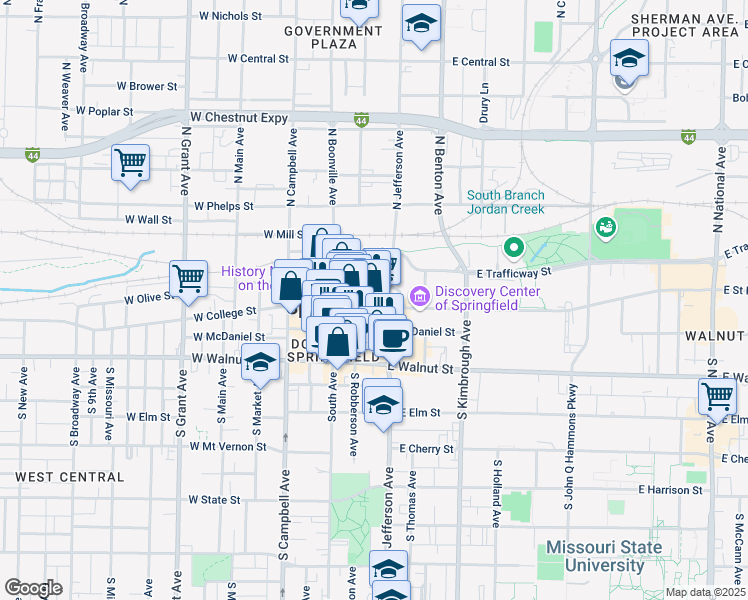 map of restaurants, bars, coffee shops, grocery stores, and more near 317 Park Central East in Springfield