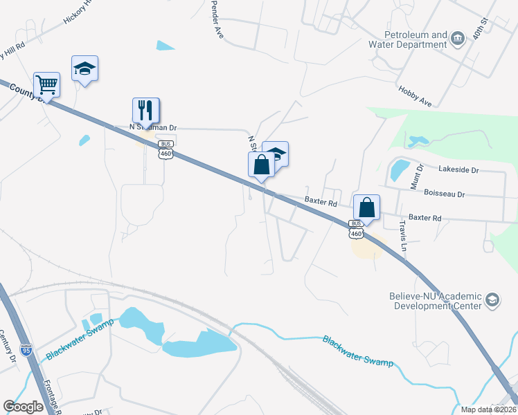 map of restaurants, bars, coffee shops, grocery stores, and more near 2721 Meadowbrook Street in Petersburg