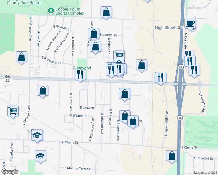 map of restaurants, bars, coffee shops, grocery stores, and more near 236 South Airwood Avenue in Springfield