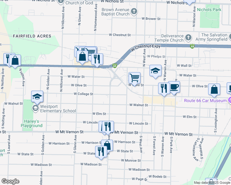 map of restaurants, bars, coffee shops, grocery stores, and more near 2643 West College Street in Springfield