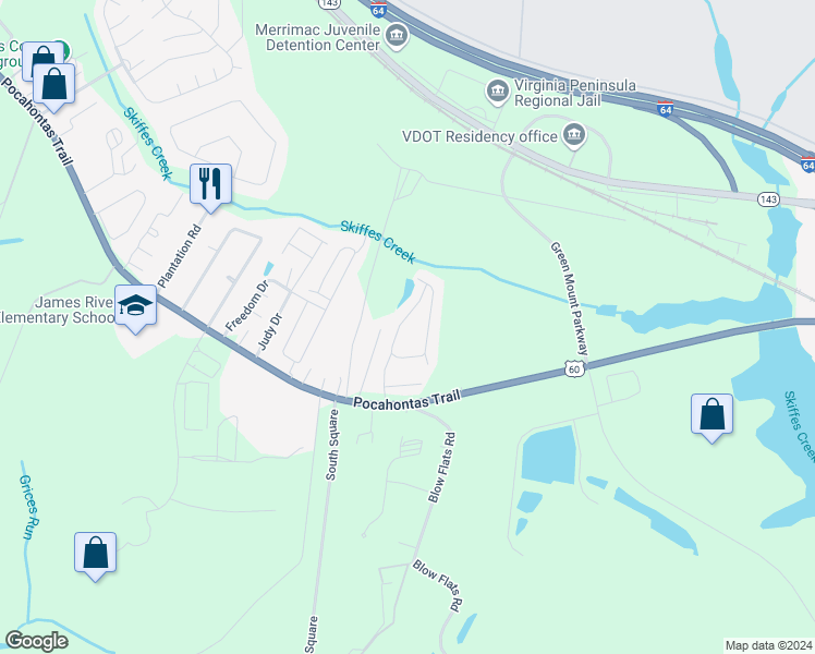 map of restaurants, bars, coffee shops, grocery stores, and more near 1747 Skiffes Creek Circle in Williamsburg