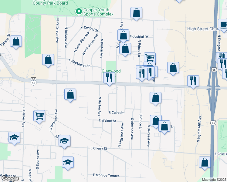 map of restaurants, bars, coffee shops, grocery stores, and more near 2757 East McDaniel Street in Springfield