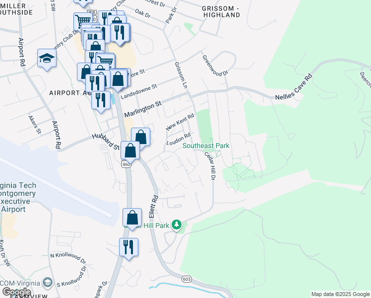 map of restaurants, bars, coffee shops, grocery stores, and more near 319 Fairfax Road in Blacksburg