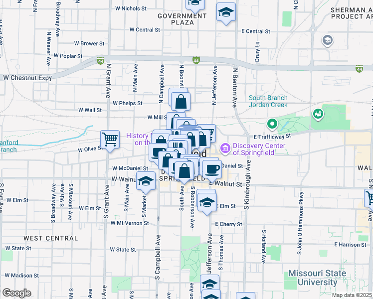 map of restaurants, bars, coffee shops, grocery stores, and more near 311 Park Central Square in Springfield