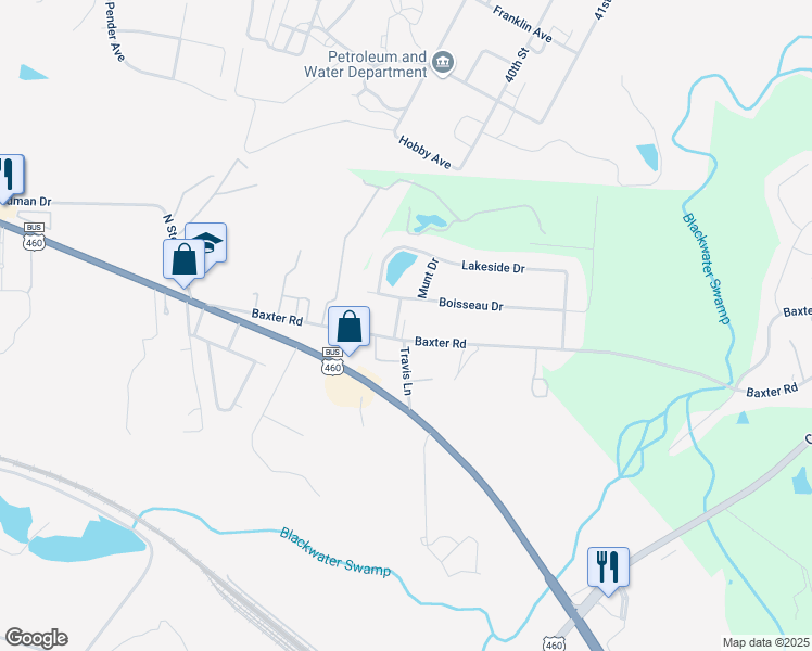 map of restaurants, bars, coffee shops, grocery stores, and more near 1493 Baxter Road in Petersburg