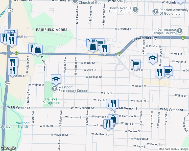 map of restaurants, bars, coffee shops, grocery stores, and more near 2833 West College Street in Springfield