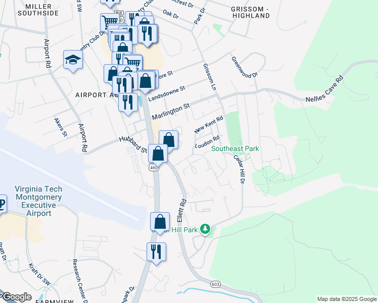 map of restaurants, bars, coffee shops, grocery stores, and more near 259 Fairfax Road in Blacksburg