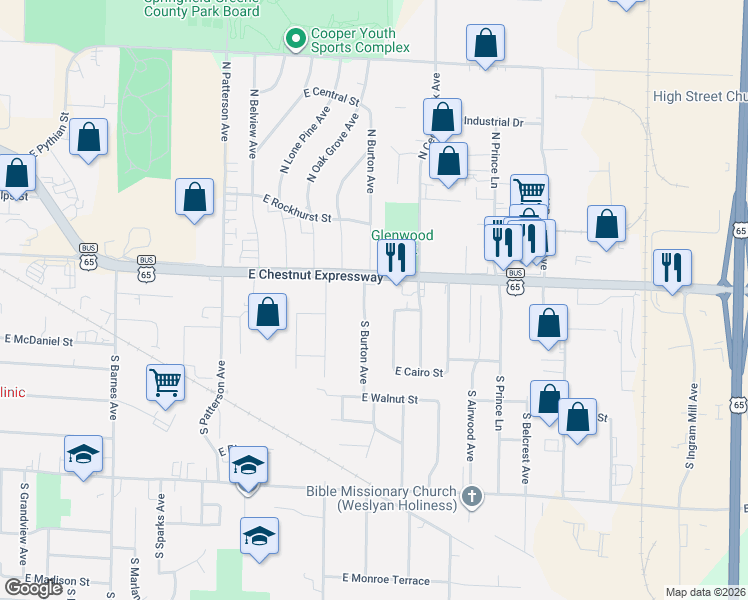 map of restaurants, bars, coffee shops, grocery stores, and more near 216 North Burton Avenue in Springfield