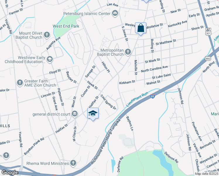 map of restaurants, bars, coffee shops, grocery stores, and more near 1310 Halifax Street in Petersburg