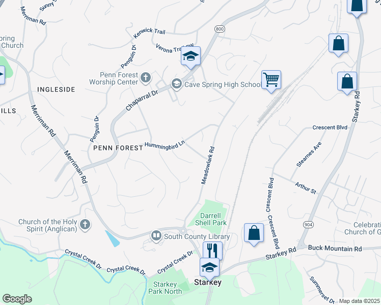 map of restaurants, bars, coffee shops, grocery stores, and more near 2734 Tanglewood Drive in Cave Spring
