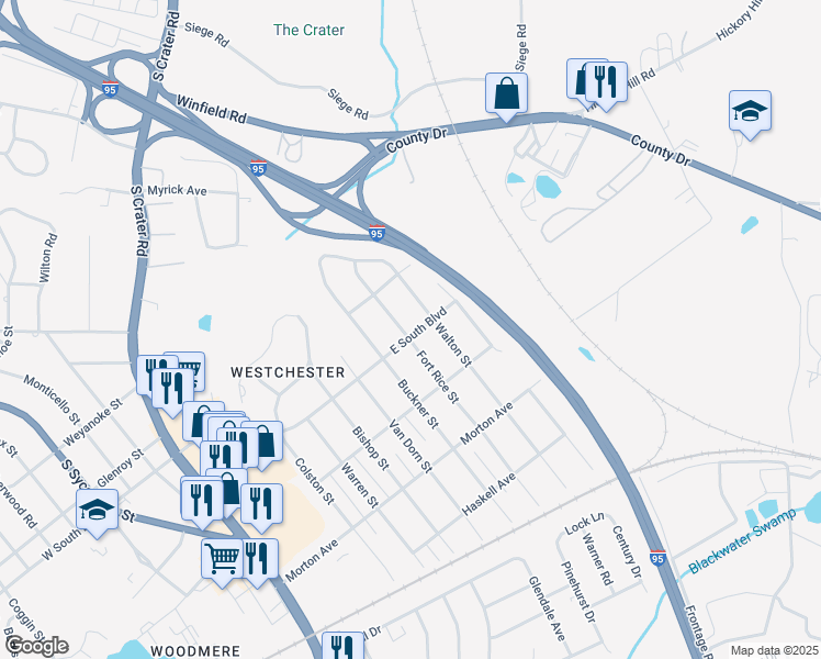 map of restaurants, bars, coffee shops, grocery stores, and more near 1947 Fort Rice Street in Petersburg
