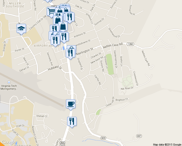 map of restaurants, bars, coffee shops, grocery stores, and more near 300 New Kent Road in Blacksburg