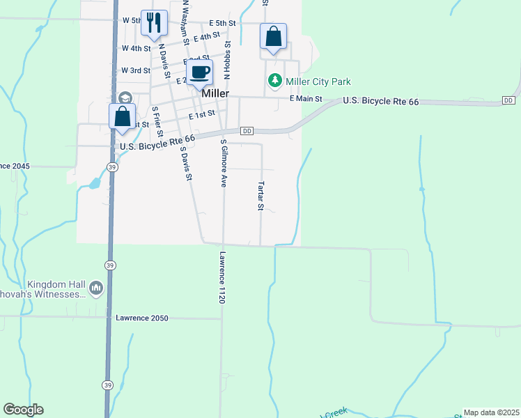 map of restaurants, bars, coffee shops, grocery stores, and more near 502 S Tartar St in Miller