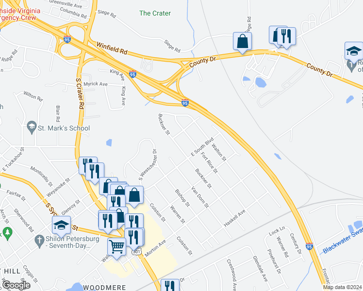 map of restaurants, bars, coffee shops, grocery stores, and more near 1923 Buckner Street in Petersburg