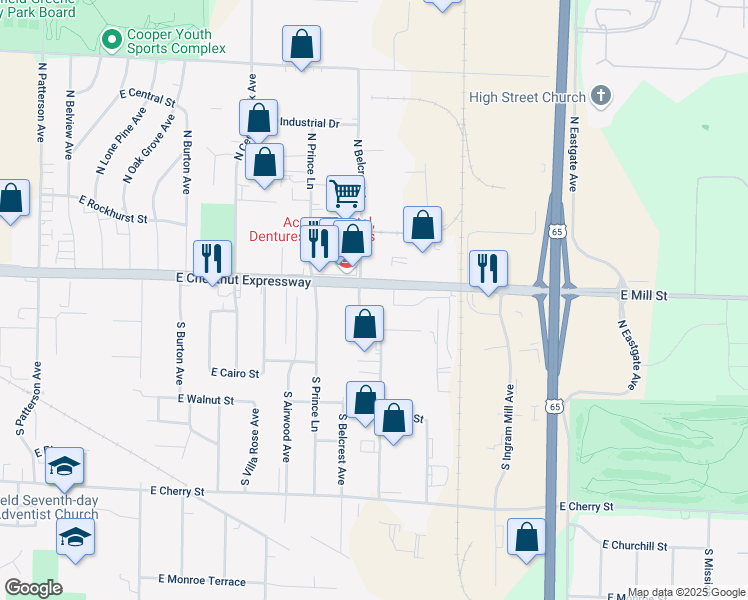 map of restaurants, bars, coffee shops, grocery stores, and more near 3000 East Chestnut Expressway in Springfield