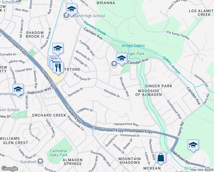 map of restaurants, bars, coffee shops, grocery stores, and more near 7021 Elmsdale Drive in San Jose
