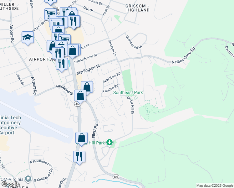 map of restaurants, bars, coffee shops, grocery stores, and more near 319 Fairfax Road in Blacksburg