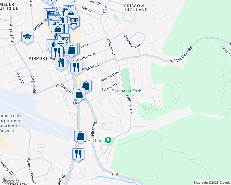 map of restaurants, bars, coffee shops, grocery stores, and more near 319 Fairfax Road in Blacksburg