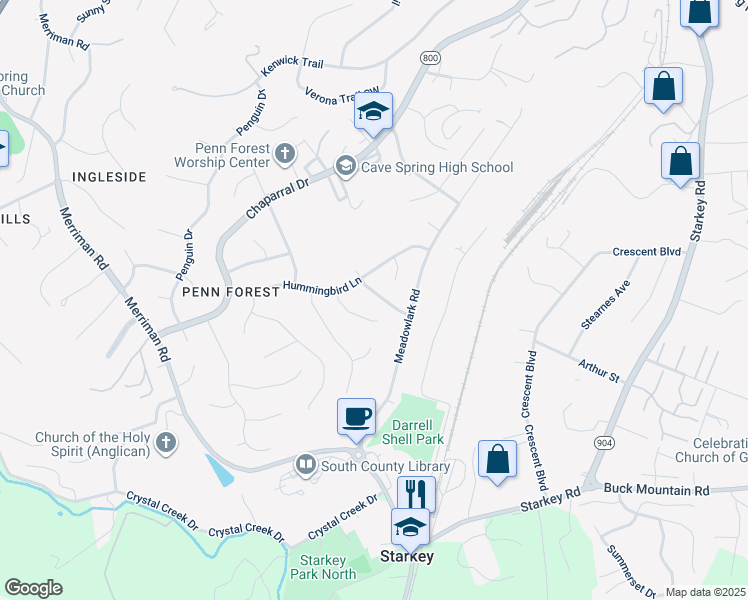 map of restaurants, bars, coffee shops, grocery stores, and more near 2734 Tanglewood Drive in Cave Spring