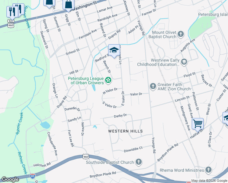 map of restaurants, bars, coffee shops, grocery stores, and more near 1625 Delmar Avenue in Petersburg