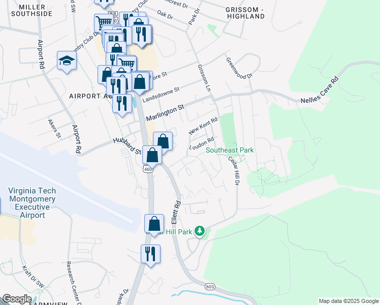 map of restaurants, bars, coffee shops, grocery stores, and more near 304 Loudon Road in Blacksburg