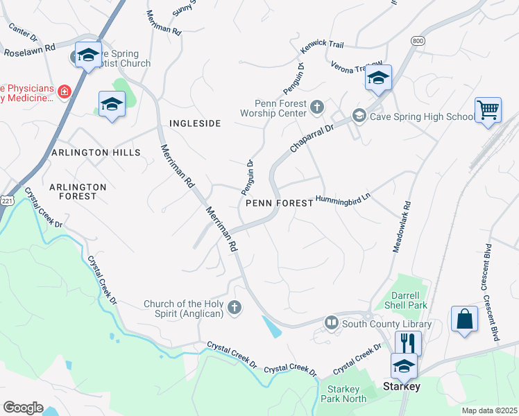 map of restaurants, bars, coffee shops, grocery stores, and more near 4037 Chaparral Drive in Cave Spring
