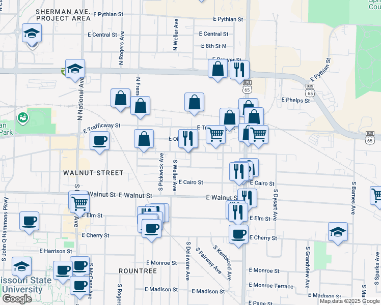 map of restaurants, bars, coffee shops, grocery stores, and more near 119 South Delaware Avenue in Springfield