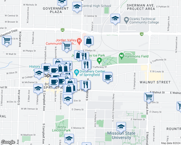 map of restaurants, bars, coffee shops, grocery stores, and more near 601 East Saint Louis Street in Springfield