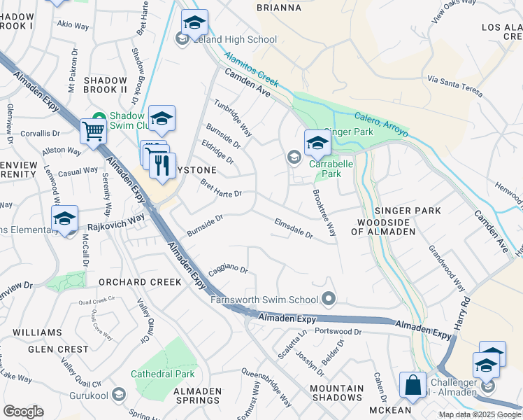 map of restaurants, bars, coffee shops, grocery stores, and more near 7009 Elmsdale Drive in San Jose