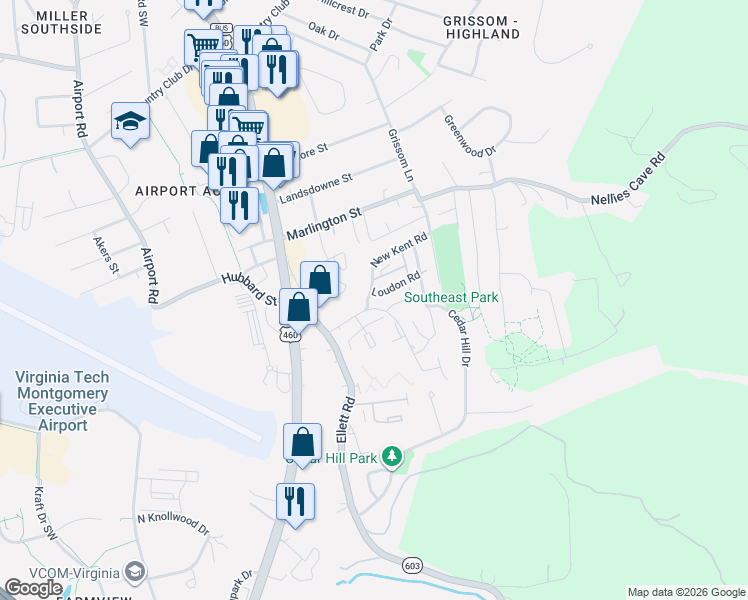 map of restaurants, bars, coffee shops, grocery stores, and more near 304 Loudon Road in Blacksburg